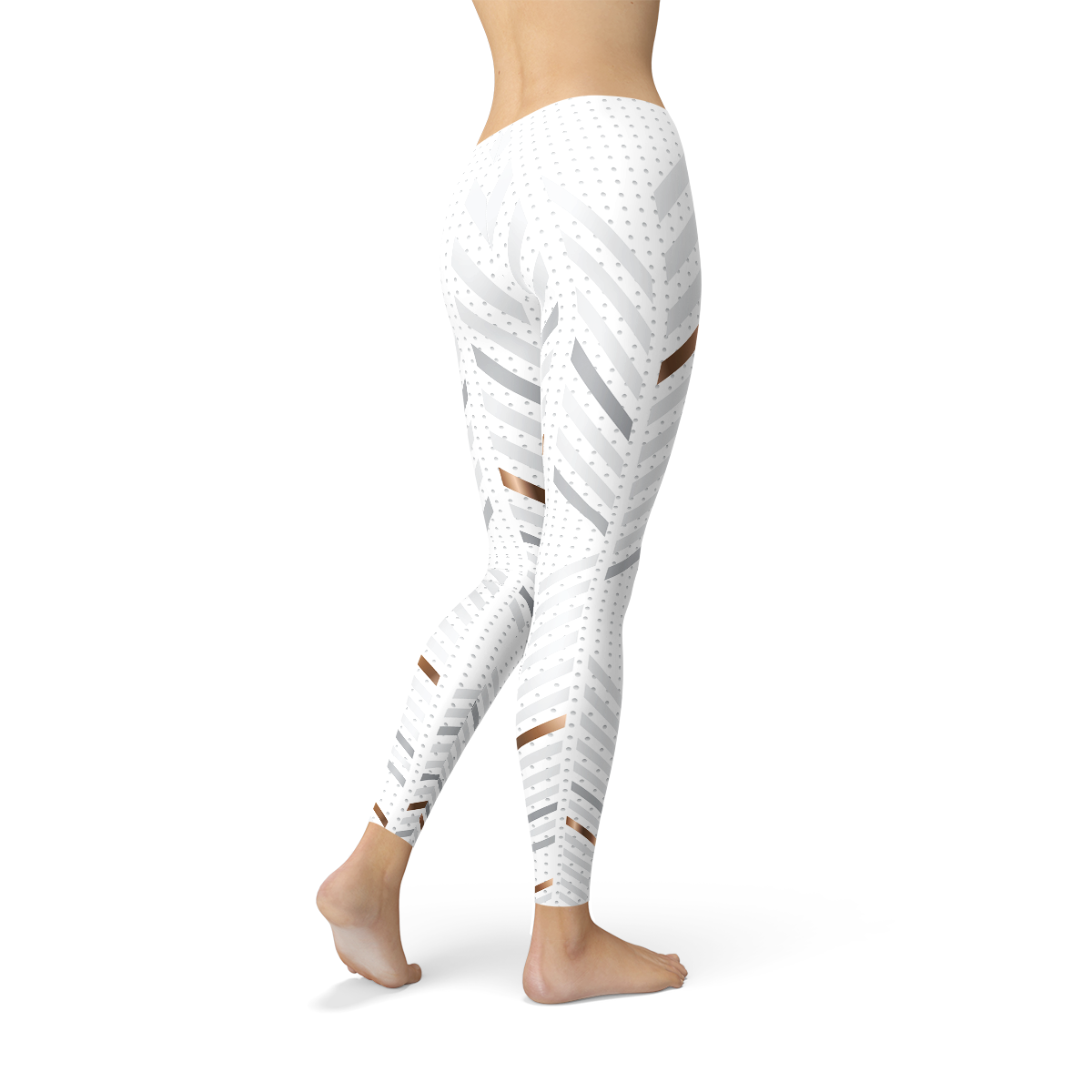 Leggings blancs à rayures chevrons gris, vue trois-quarts