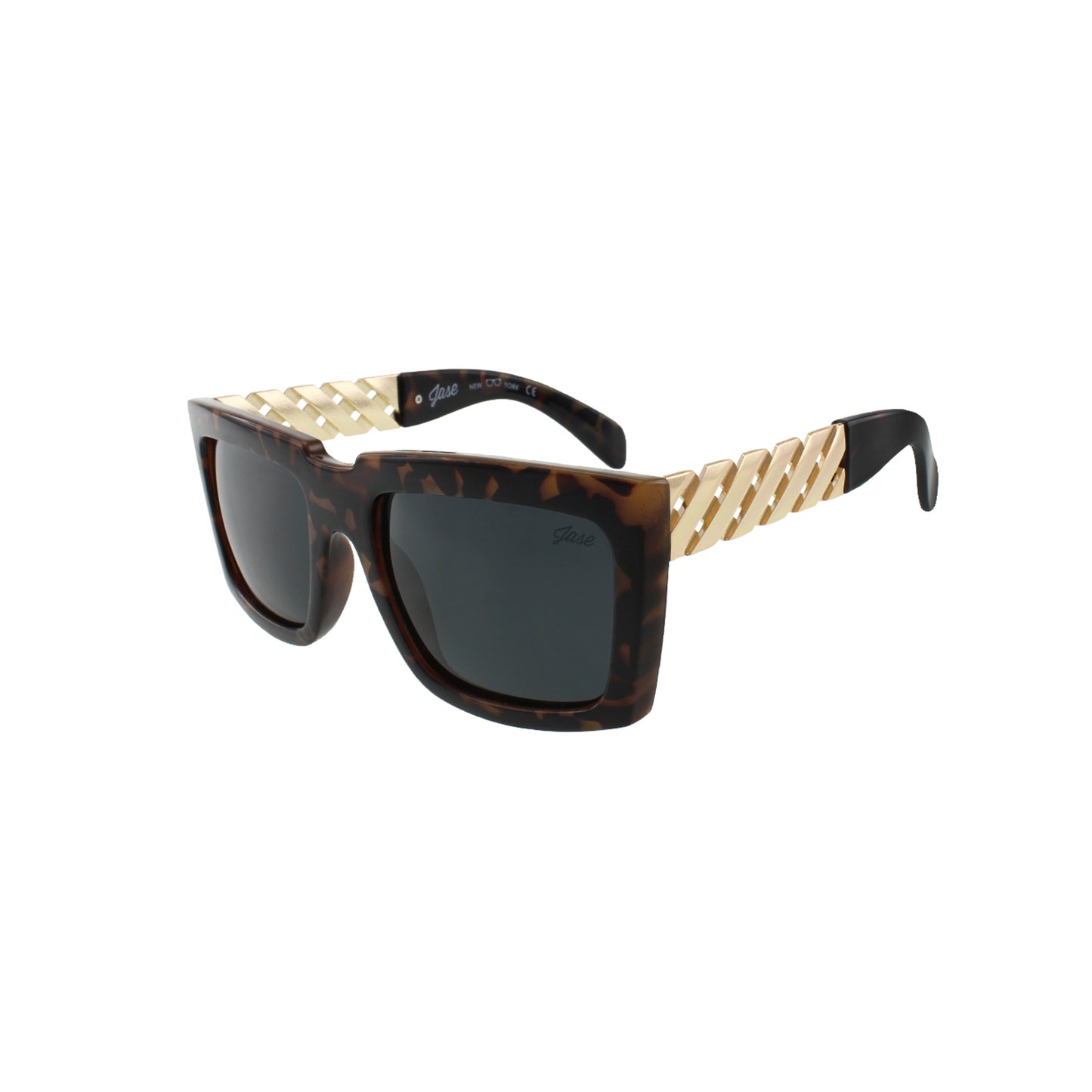 Lunettes unisexe monture écaille havane, verres foncés, temples treillage métal doré
