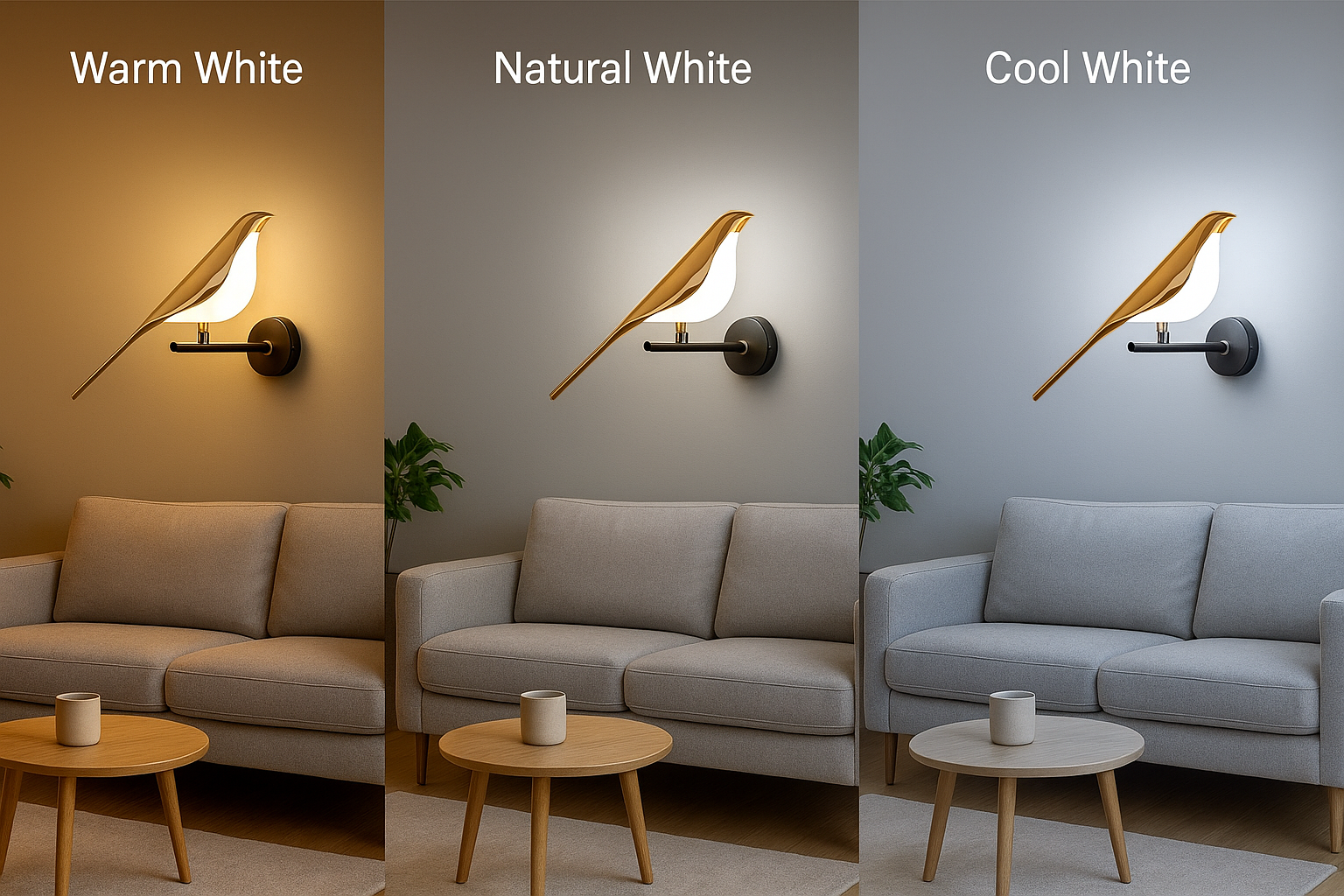Applique murale LED oiseau aluminium doré, éclairage blanc chaud, naturel et froid.