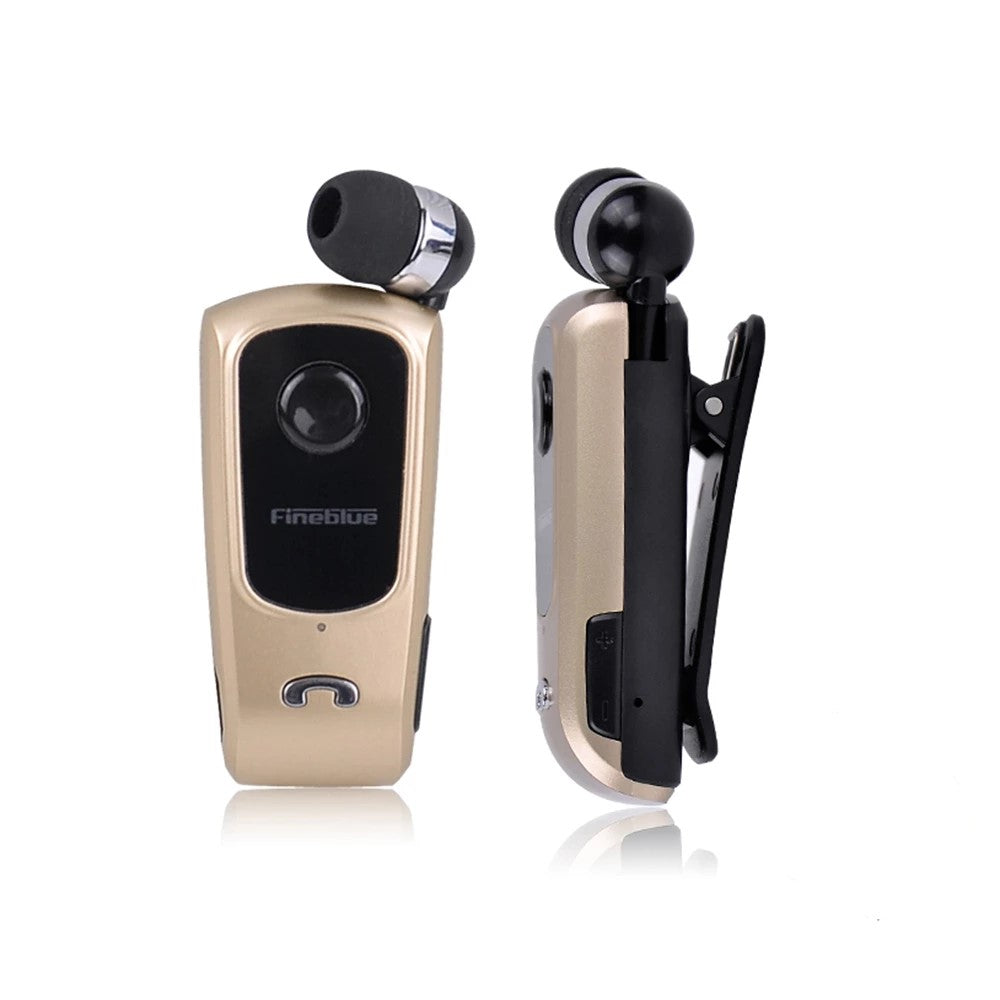 Oreillette Bluetooth à clip dorée avec micro et écouteur rabattable