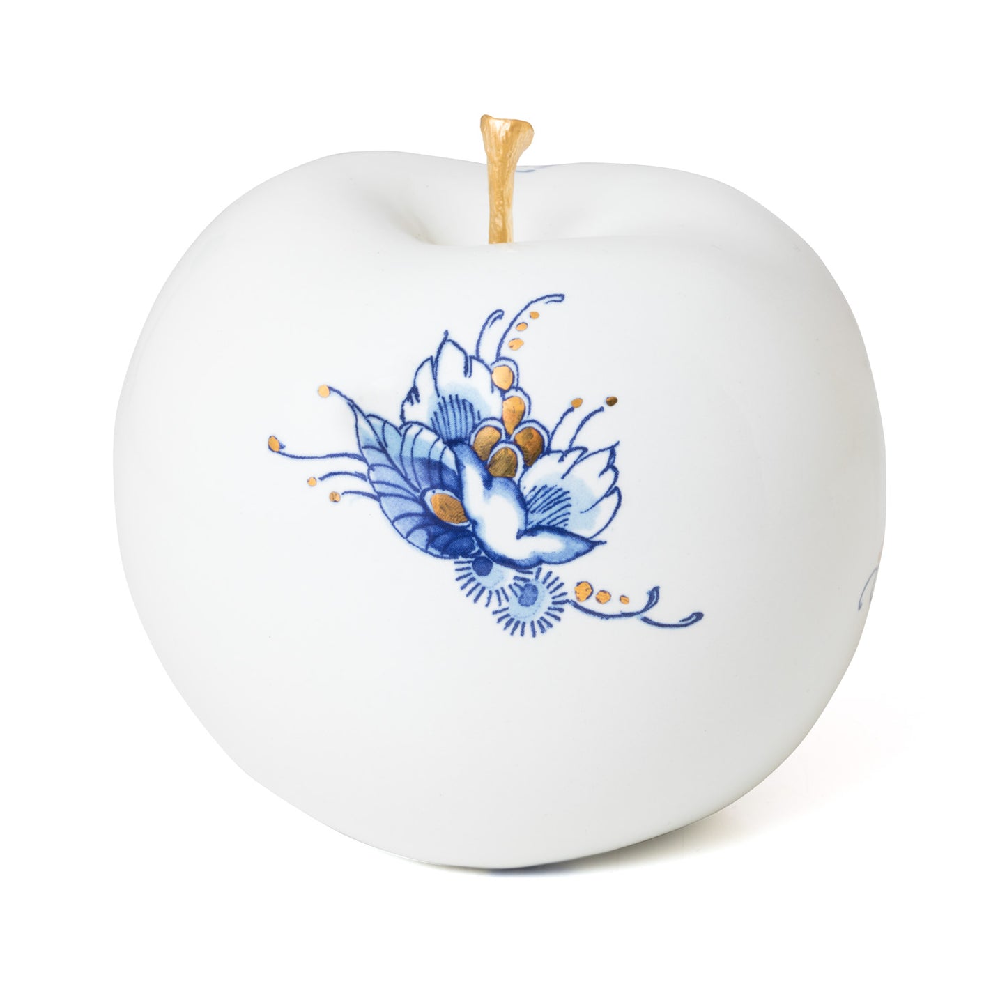 Pomme décorative en céramique blanche, tige dorée, fleur bleue à points et arabesques