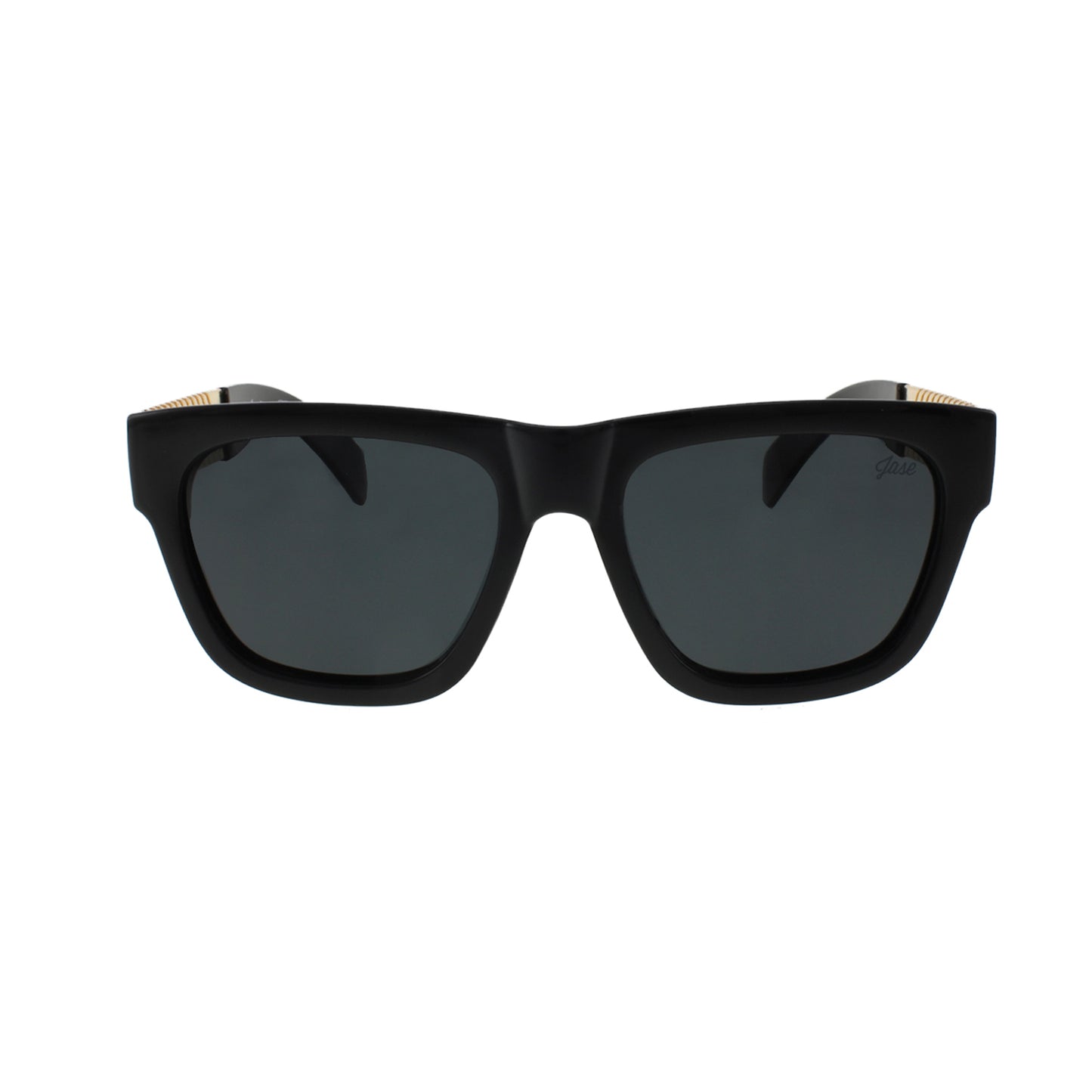 Lunettes de soleil noires épaisses avec verres gris foncé et branches à motif doré