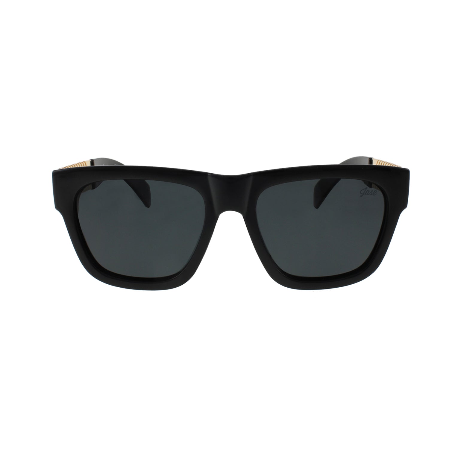 Lunettes de soleil noires épaisses avec verres gris foncé et branches à motif doré