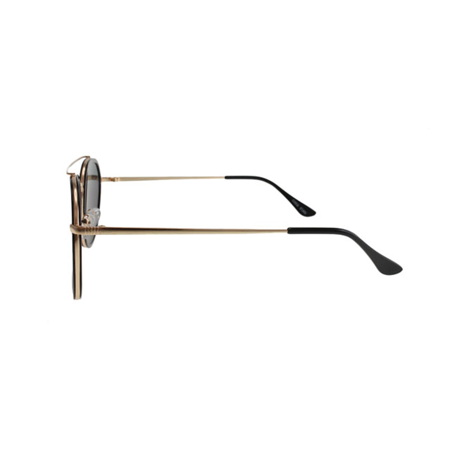 Lunettes de soleil unisex monture dorée, profil latéral avec branches noires