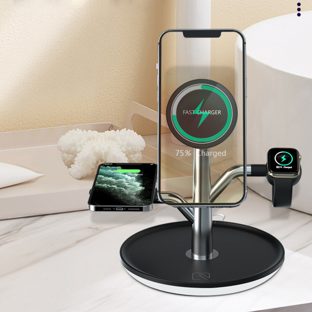 Support de charge sans fil Qi avec socle noir et supports pour téléphone et montre