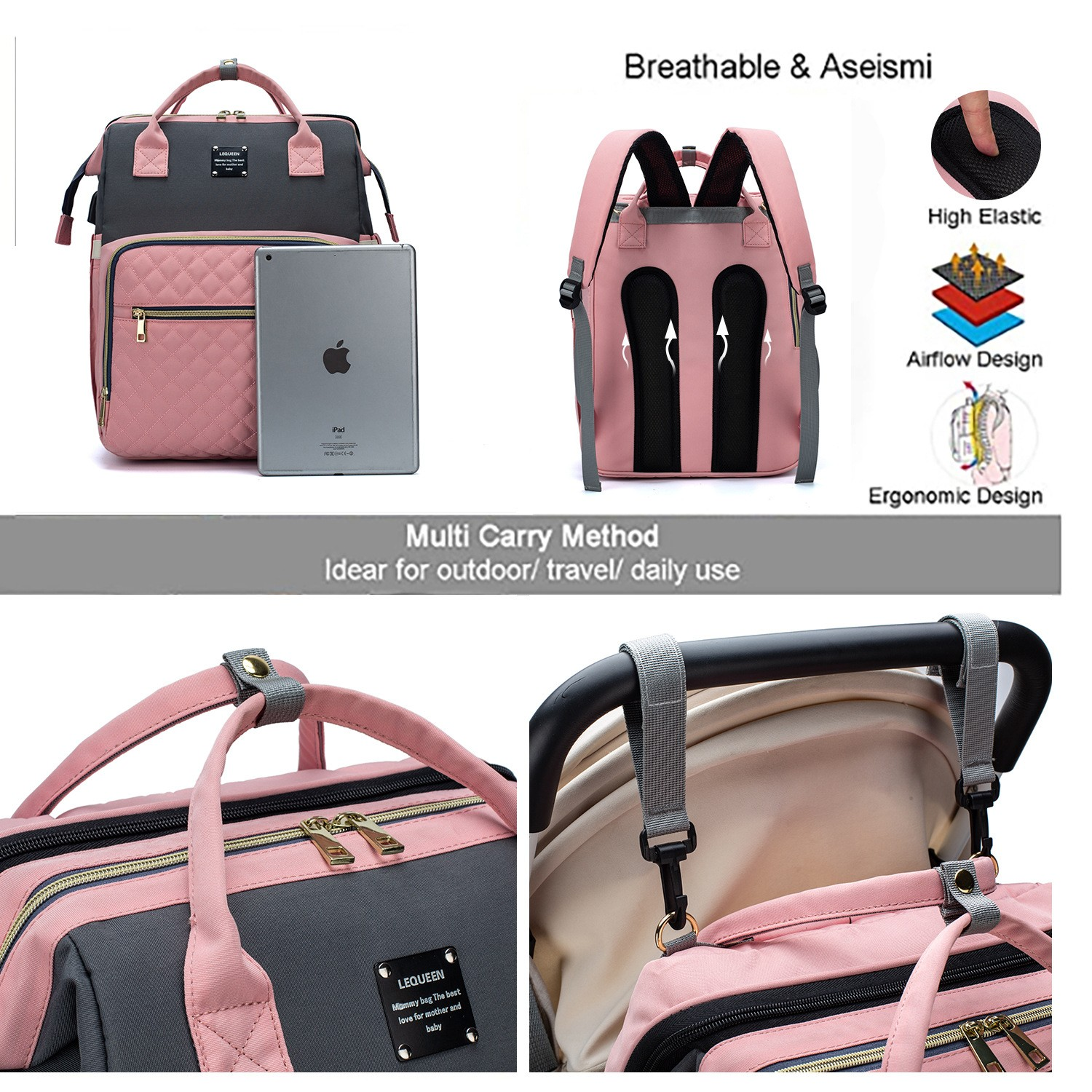 Sac de voyage pour bébé SmartMom+ ALLFASHION™ rose, bretelles et côtés avec poches zippées