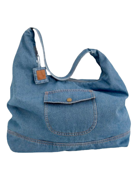 Sac hobo en denim bleu clair, grande poche boutonnée sur le devant, anses.
