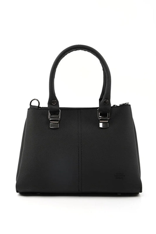 Sac à poignée double noir en cuir synthétique, fermeture zippée, devant structuré