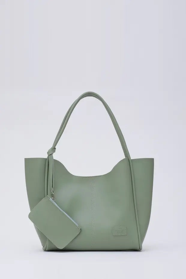 Sac cabas en faux cuir vert menthe avec anses courtes et pochette accessoire