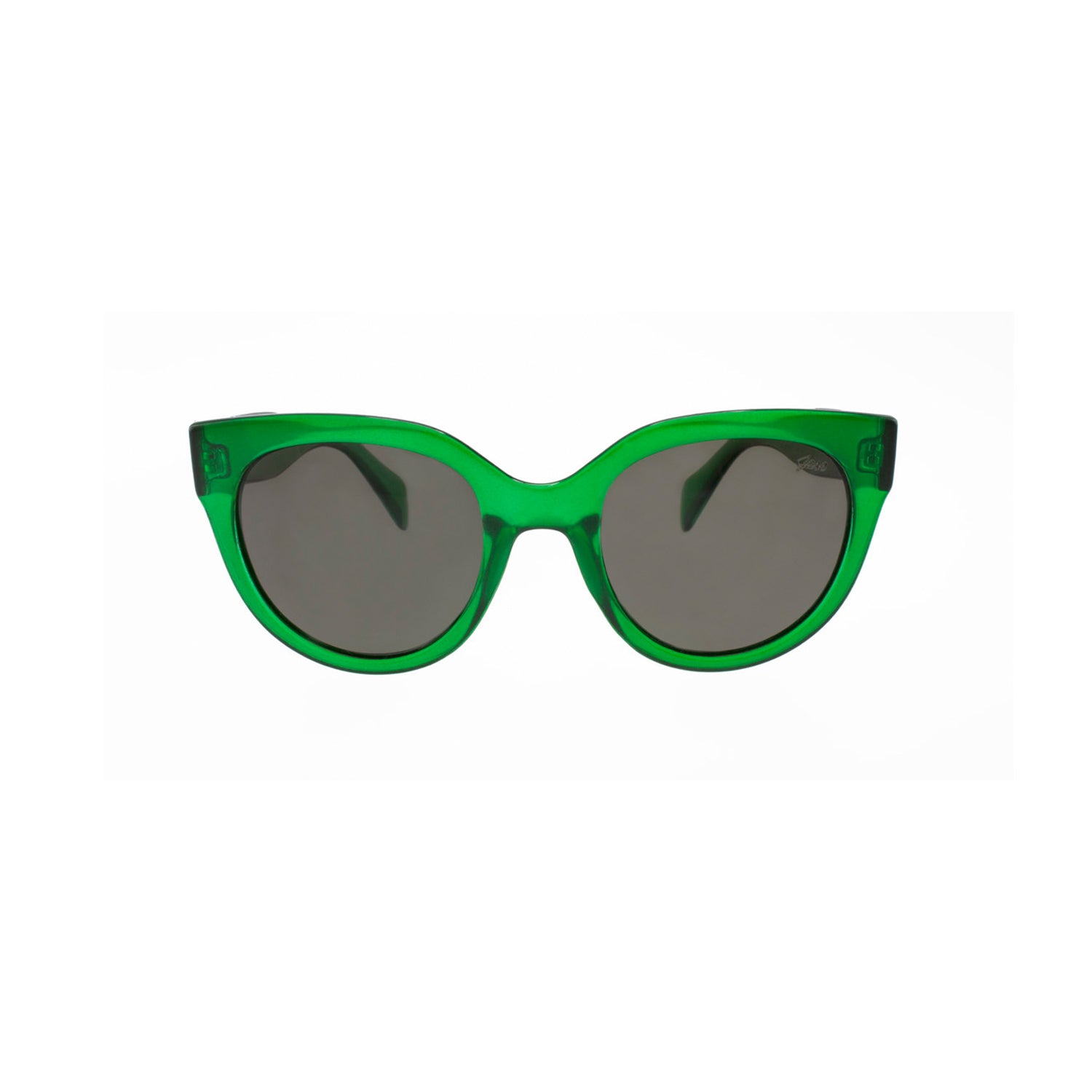 Lunettes de soleil œil-de-chat vert émeraude, verres fumés et monture transparente.