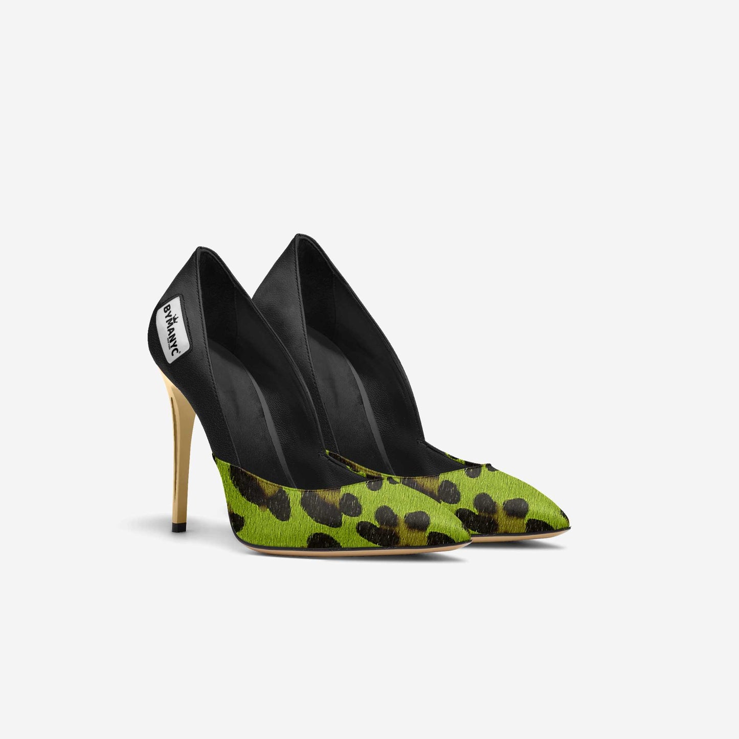 Escarpins femme noirs et motif camouflage vert, talon aiguille, vue de côté