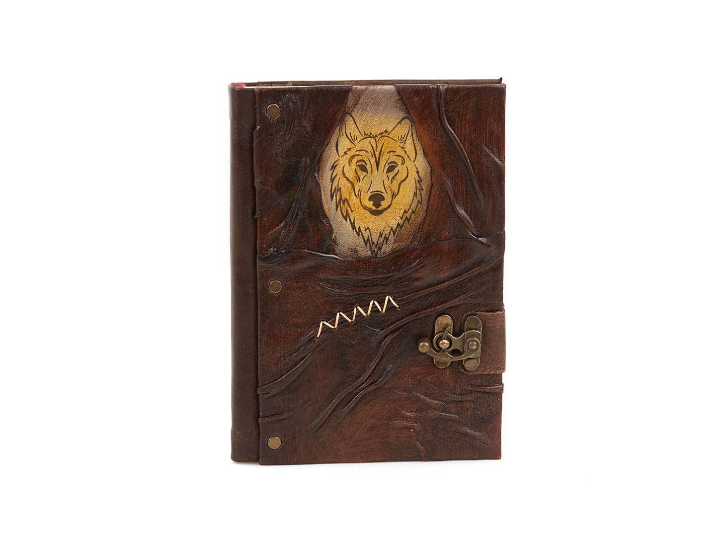 Journal en cuir brun avec motif de loup en relief et fermeture à boucle