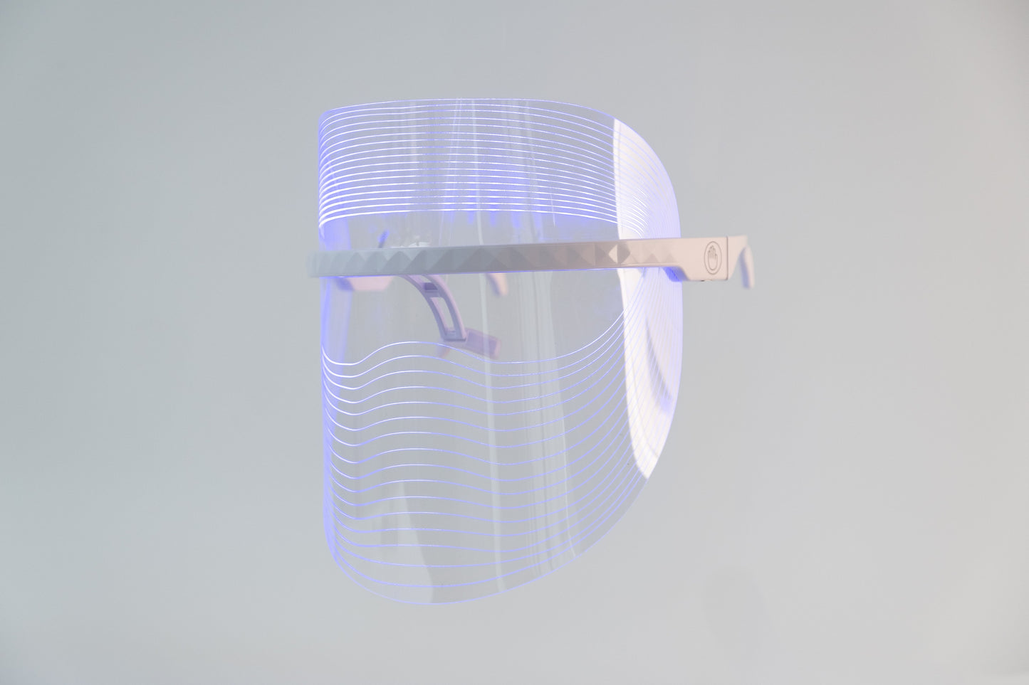 Masque LED pour le visage transparent, bandeau gris, lignes lumineuses bleues, vue de profil