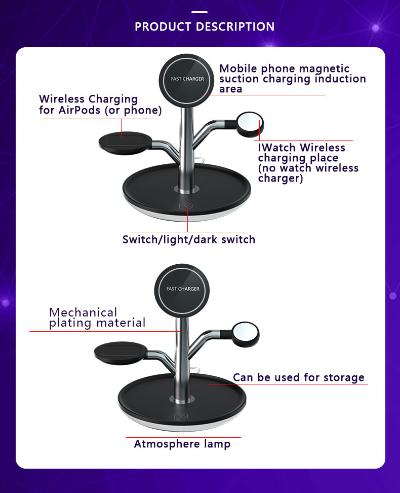 Support de charge sans fil avec bras pour téléphone et emplacement pour montre