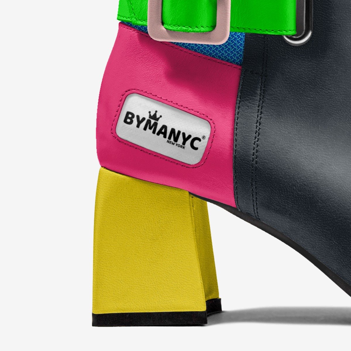 Bottines femme BYMANYC noires : vue intérieure et semelle contrastée jaune et rose