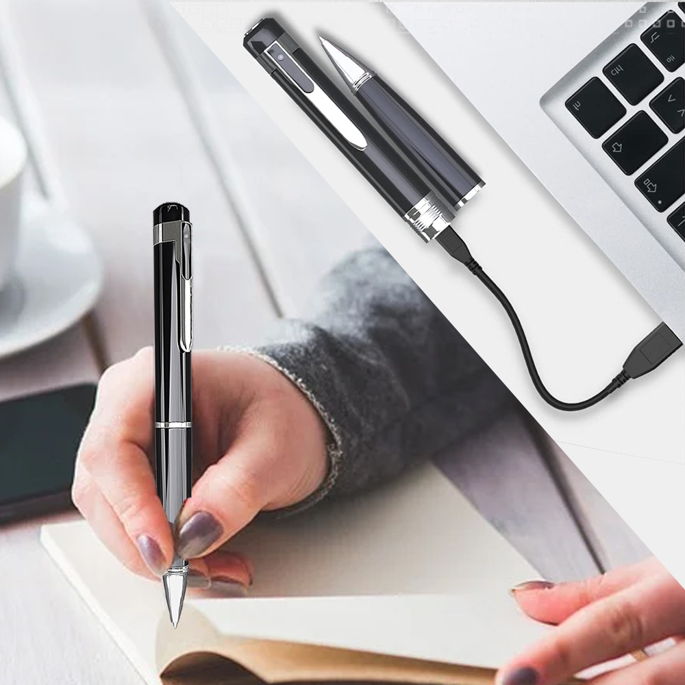 Stylo caméra noir tenu pour écrire, câble connecté, objectif en bout