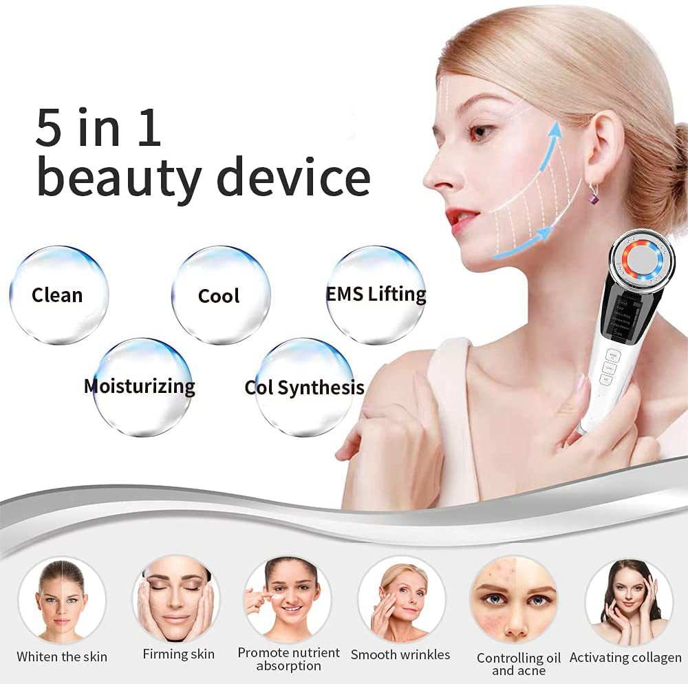 Massageur facial 5-en-1, appareil compact blanc avec tête ronde, pour contours du visage.