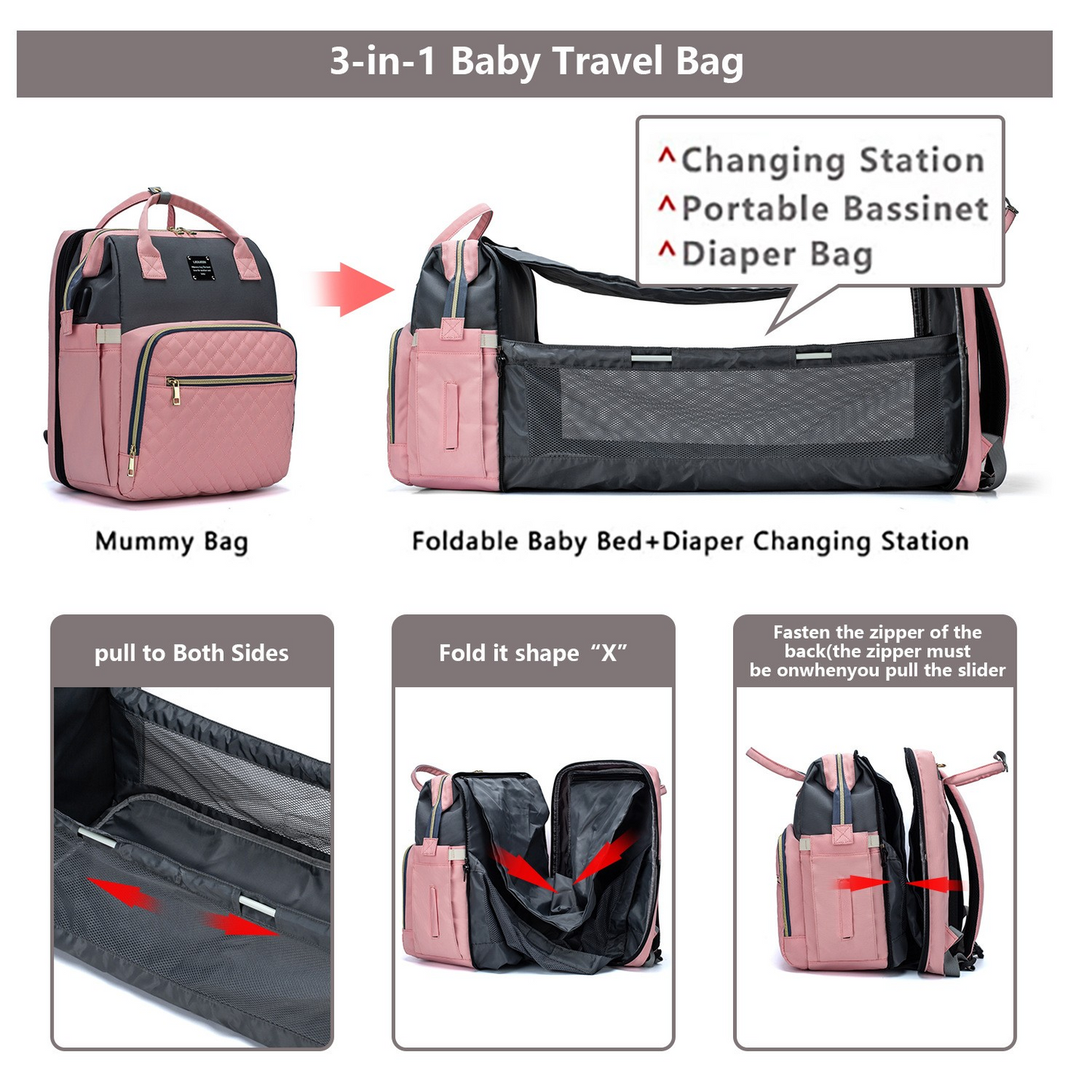 Sac à langer bébé 3-en-1 : sac, lit bébé pliable et station à langer