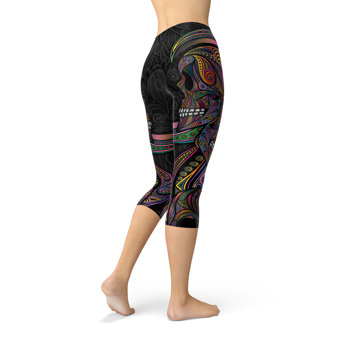 Leggings 3/4 noirs à motif coloré sur la jambe, coupe 3/4 près du corps
