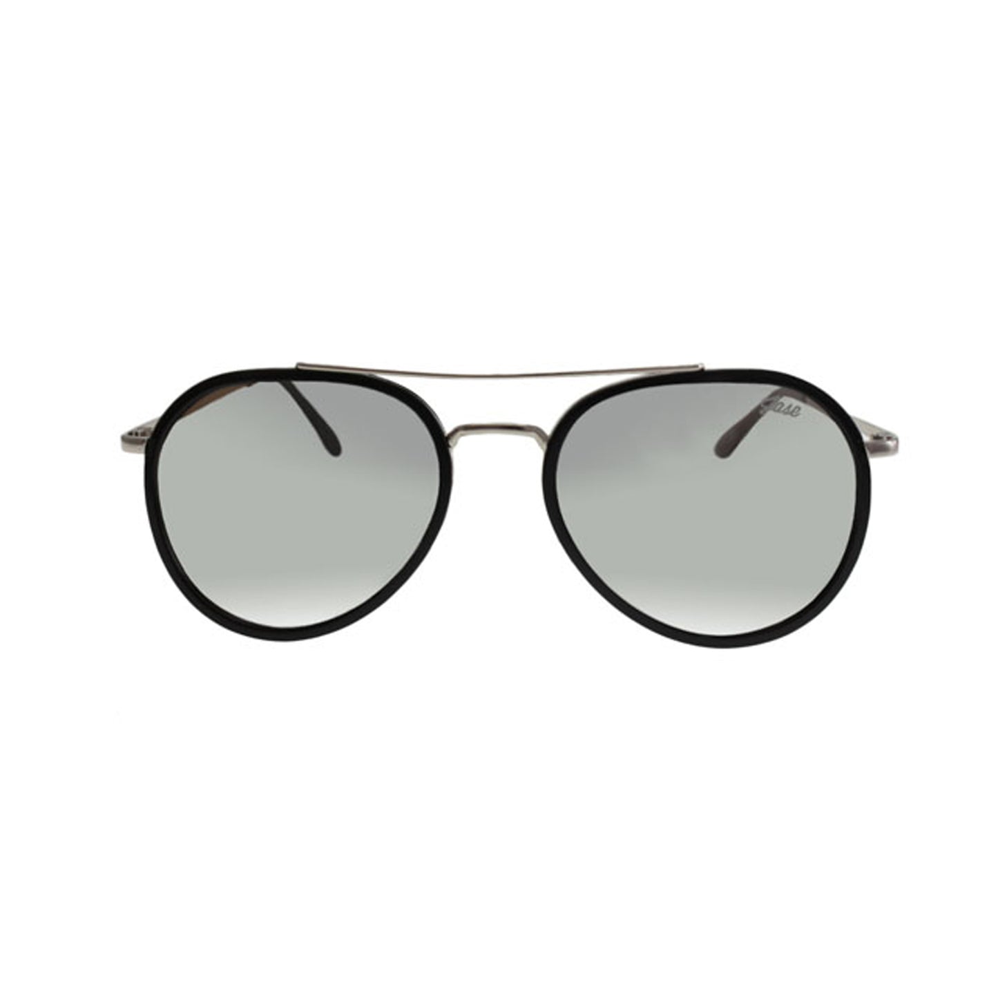 Lunettes de soleil unisex, monture noire arrondie, verres gris miroir, branches fines.