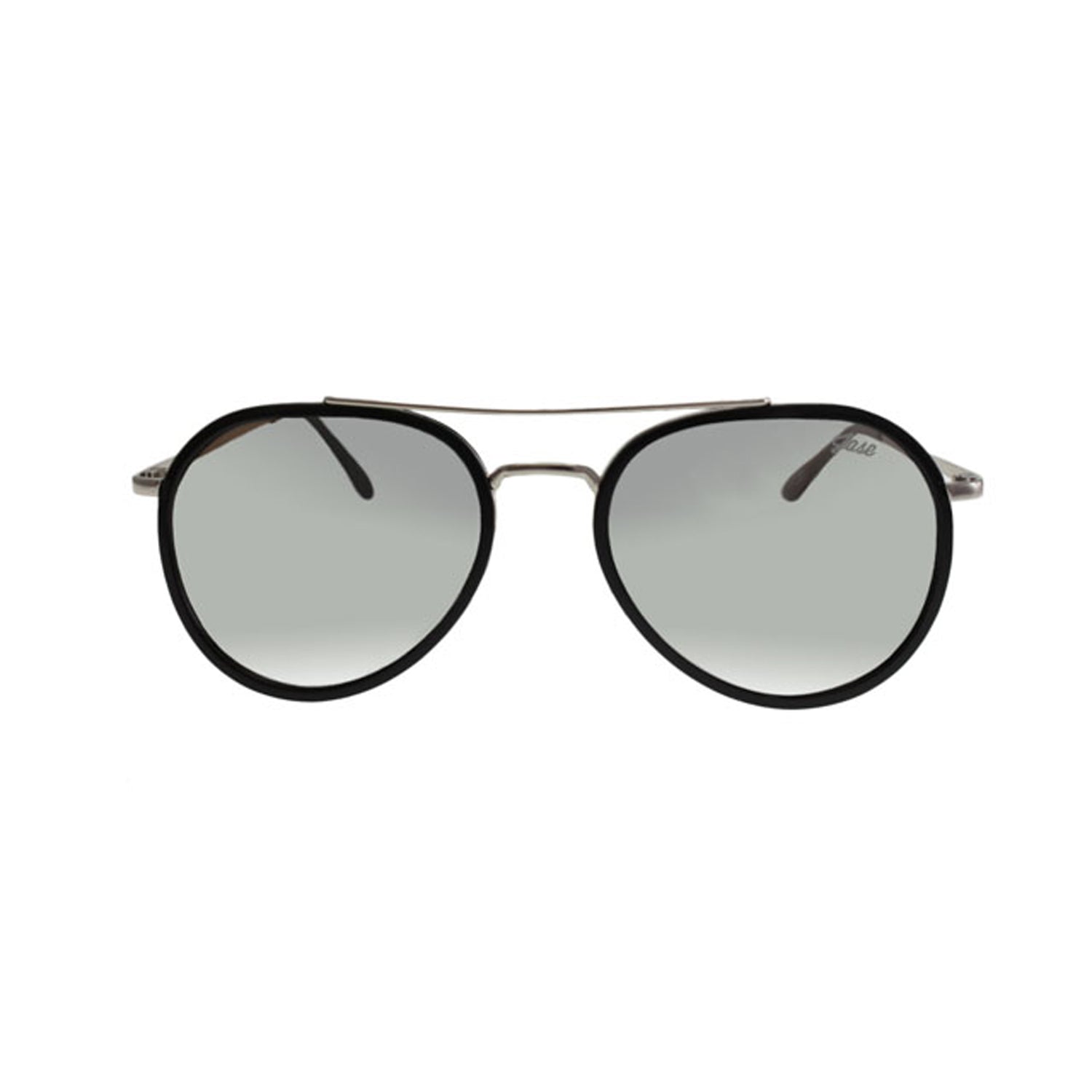 Lunettes de soleil unisex, monture noire arrondie, verres gris miroir, branches fines.