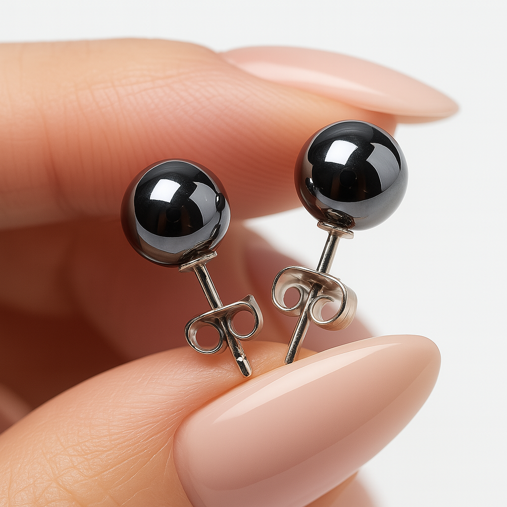 Boucles d’oreilles billes rondes noires brillantes, monture argentée, tiges fines