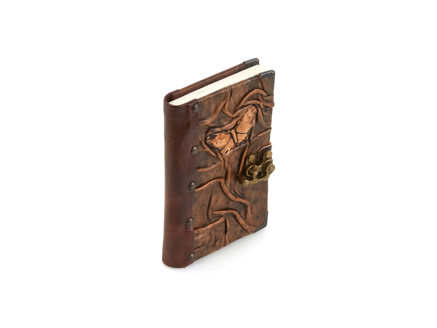Carnet en cuir brun motif papillon en relief, vue de côté avec attache cuir