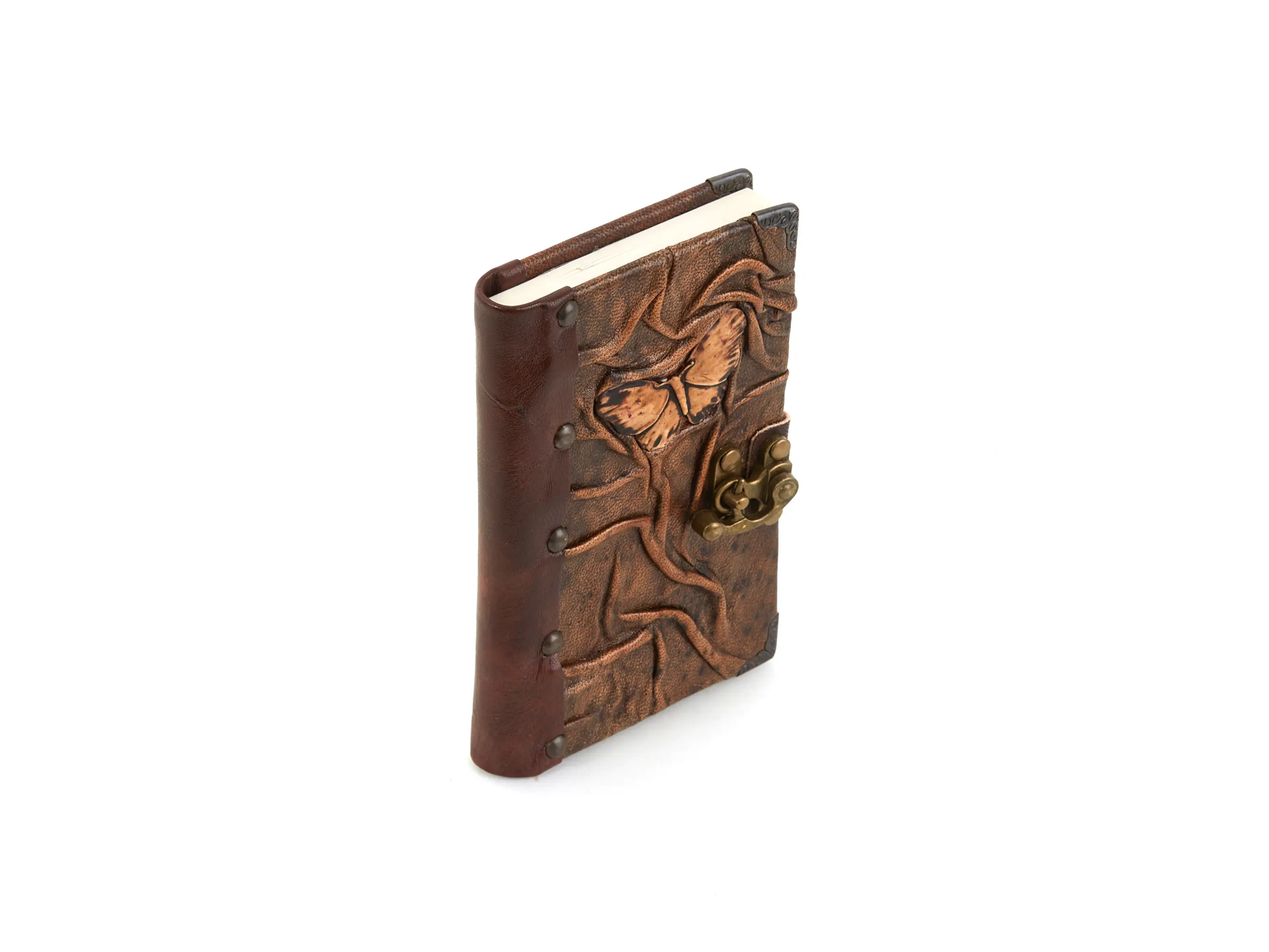 Carnet en cuir brun motif papillon en relief, vue de côté avec attache cuir