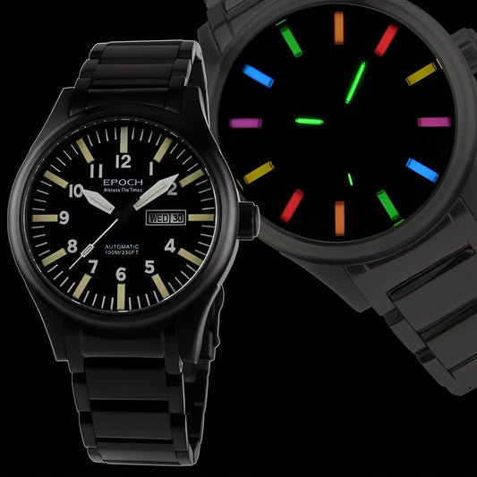 Montre automatique EPOCH bracelet noir, cadran noir avec index luminescents multicolores.