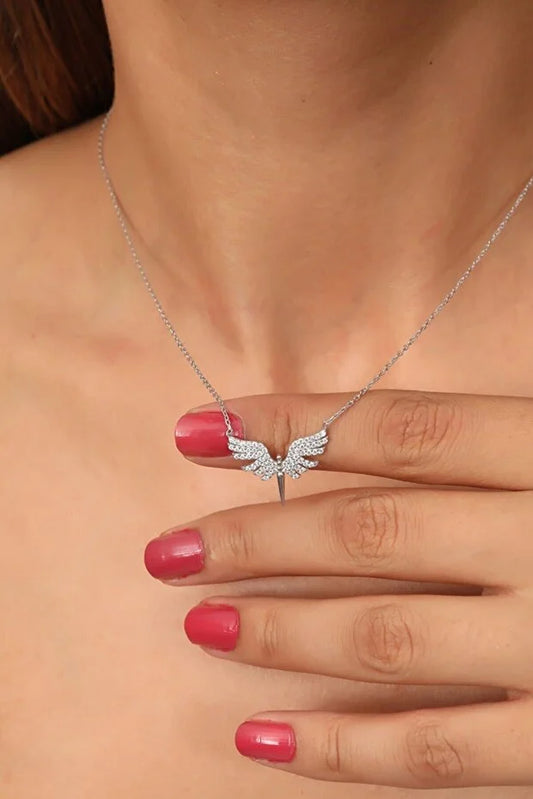 Collier argent 925 avec chaîne fine et pendentif ailes en pierre blanche, pierre rouge