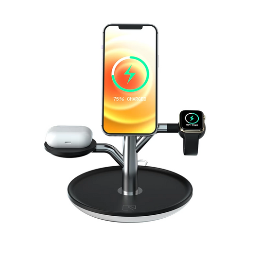 Support de charge sans fil Qi 15W avec base circulaire noire et bras pour téléphone