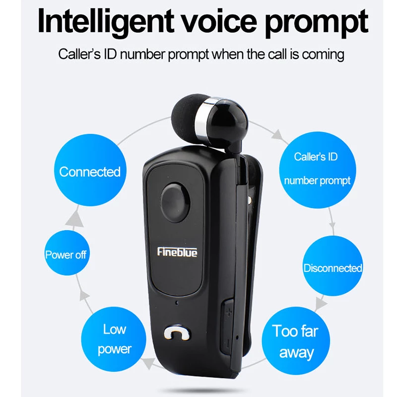 Oreillette Bluetooth à clip noire avec bouton, micro et écouteur