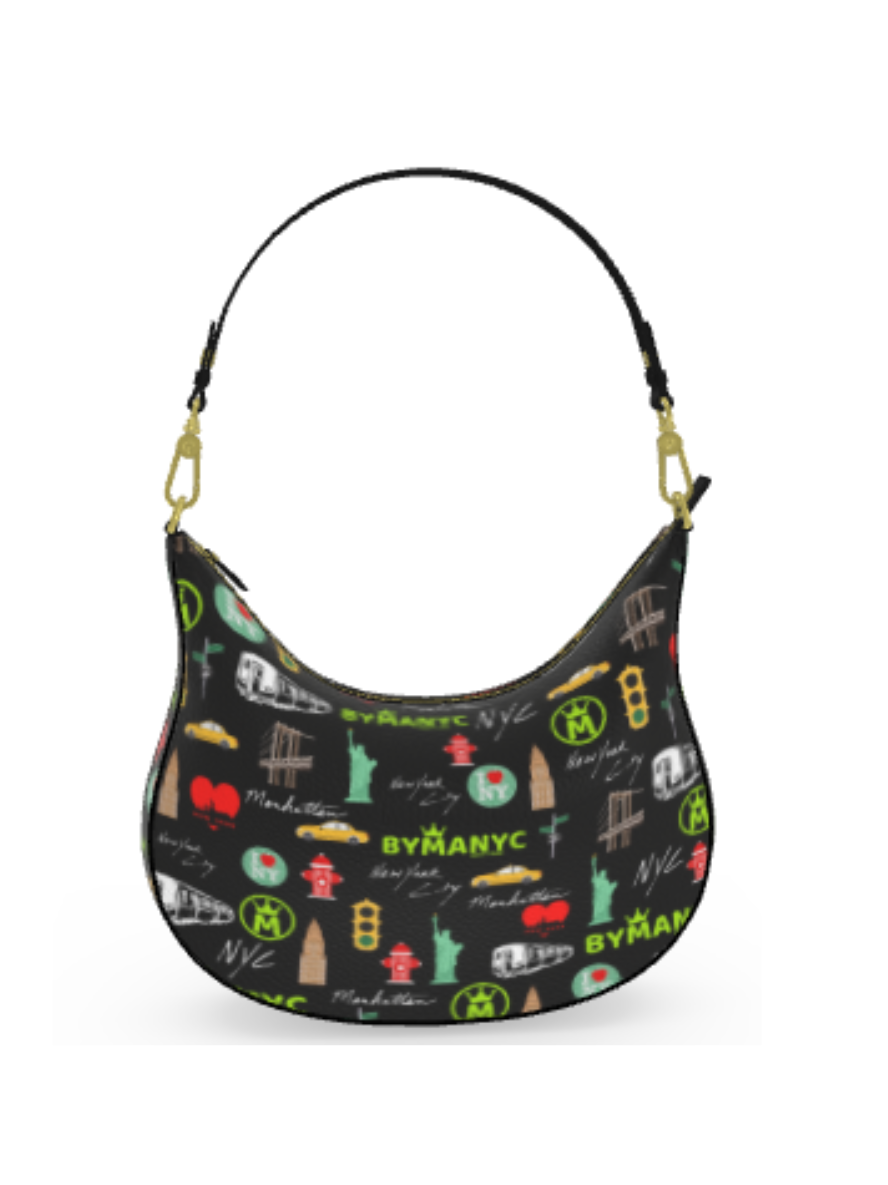 Sac hobo noir à motifs NYC multicolores, anses bandoulière dorées