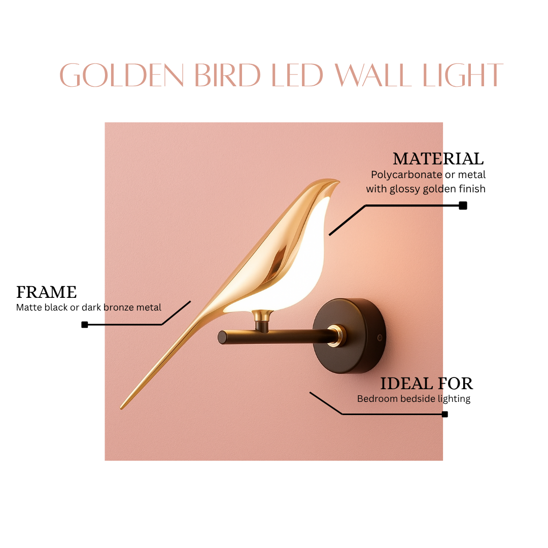 Applique murale LED oiseau aluminium doré, grand diffuseur courbé et support noir.