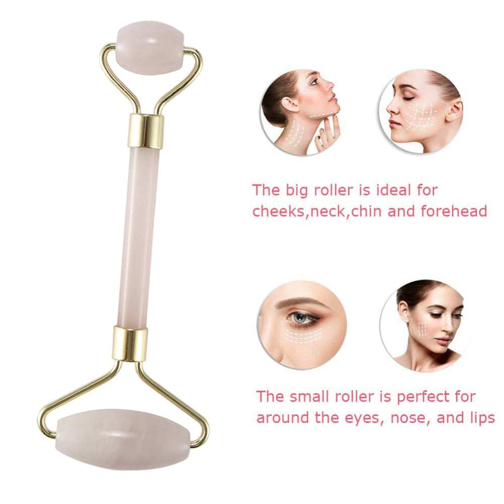 Rouleau de massage visage double tête en pierre rose, cadre doré sur manche blanc