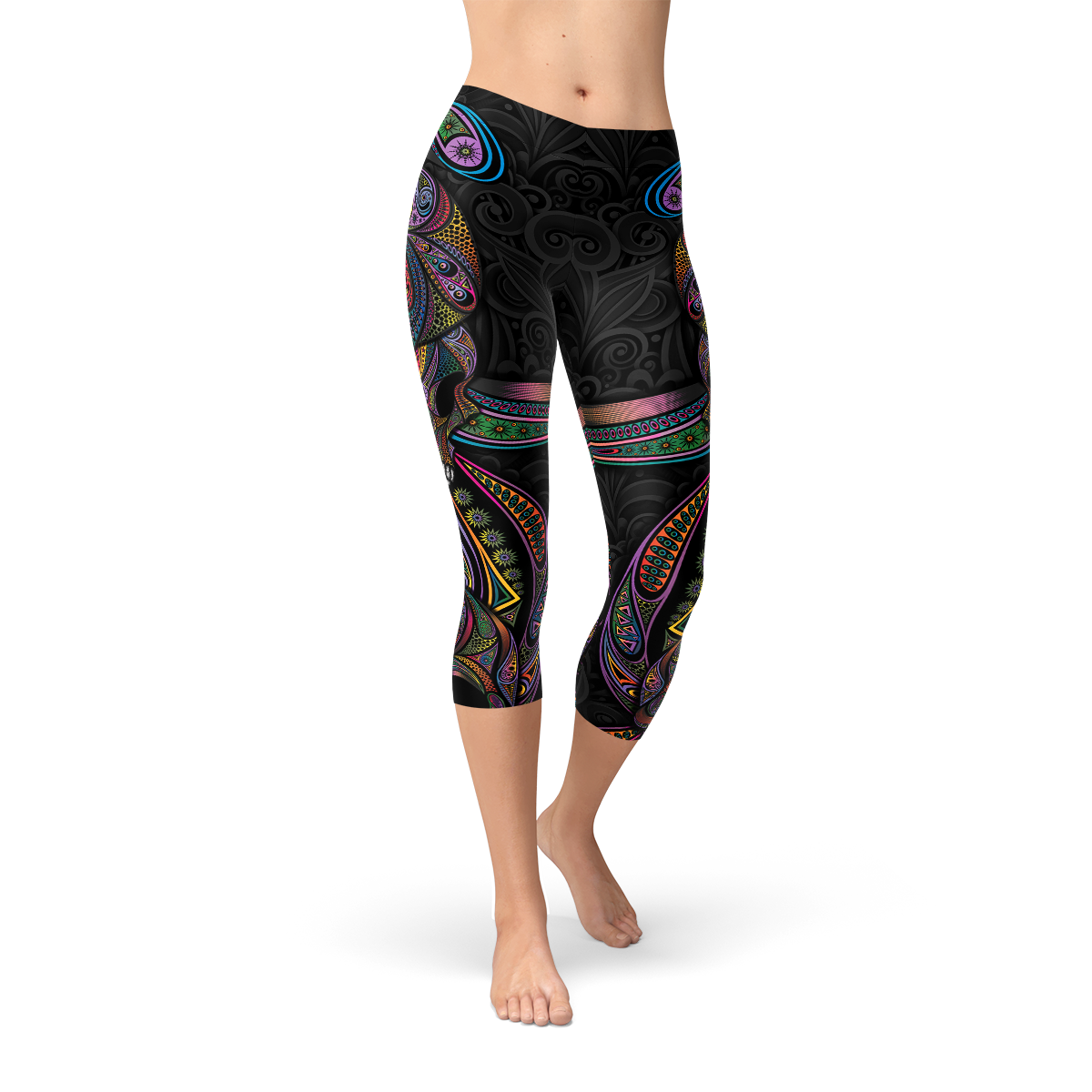 Leggings 3/4 noirs à motifs décoratifs colorés, coupe ajustée sur toute la jambe