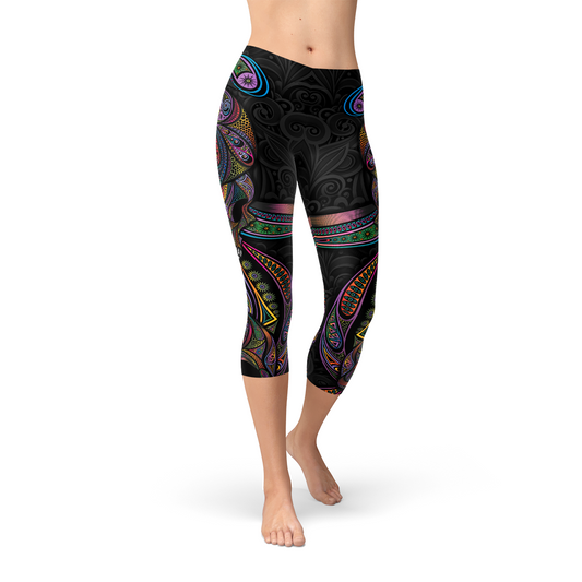 Leggings 3/4 noirs à motifs décoratifs colorés, coupe ajustée sur toute la jambe