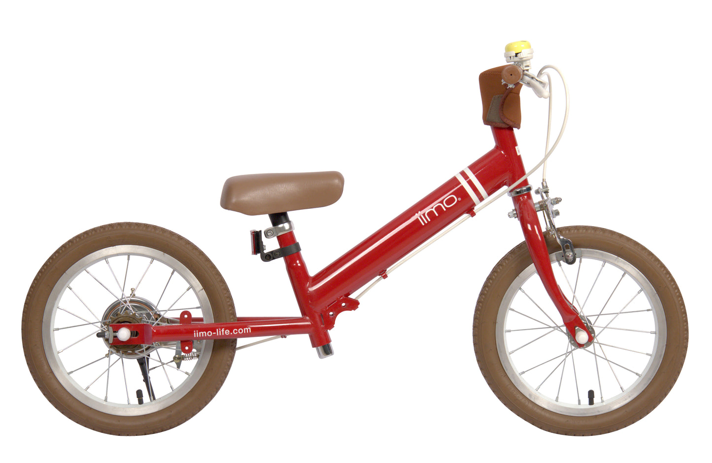 Vélo d’équilibre 2-en-1 iimo 14" rouge, selle brune, roues à pneus marron