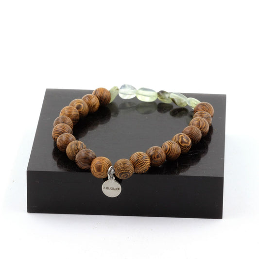 Bracelet en perles de préhnite vertes et perles de bois brun, fermoir invisible