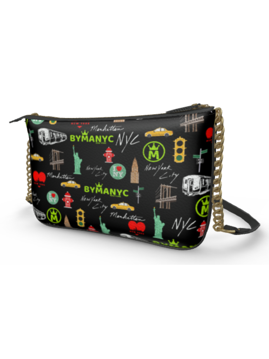 Sac à main bandoulière noir à fermeture éclair, motif urbain multicolore, bandoulière chaîne dorée