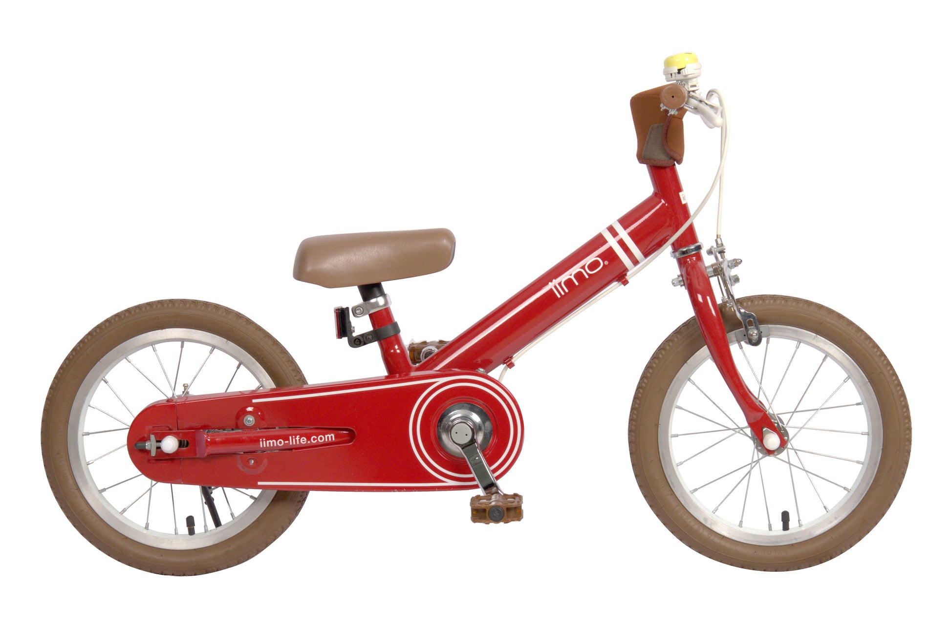 Vélo d’équilibre 2-en-1 iimo 14" rouge vue rapprochée, selle brune, roues marron
