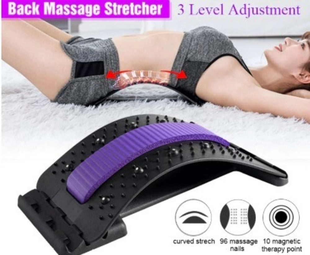Arche de massage du dos noire avec rouleau violet et picots, réglable en 3 niveaux