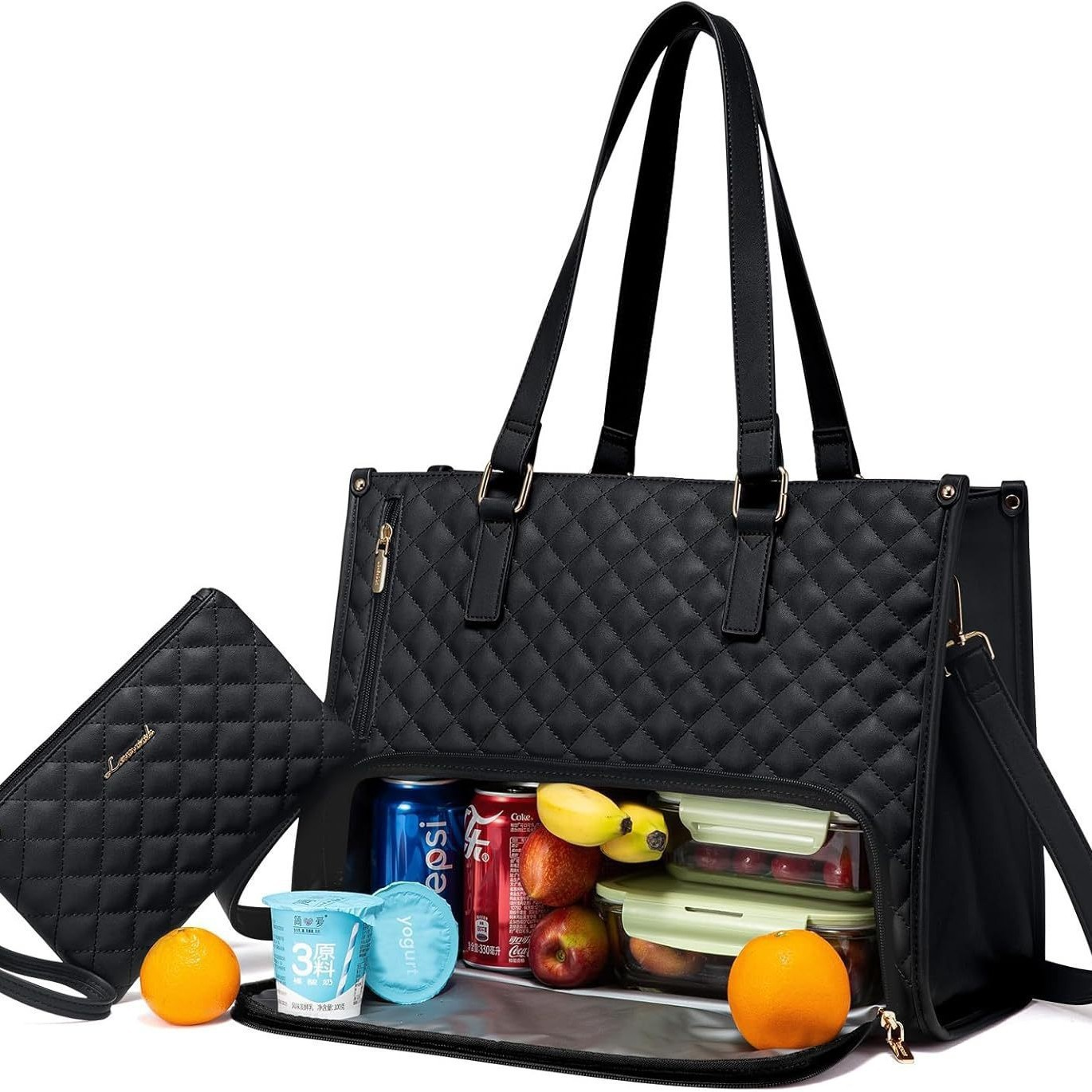 Sac cabas matelassé noir 2-en-1 avec compartiment isotherme zippé et pochette assortie.