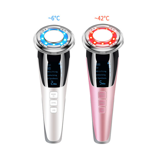 Massageur facial à ultrasons, corps blanc, anneau LED bleu et rouge, boutons de réglage.
