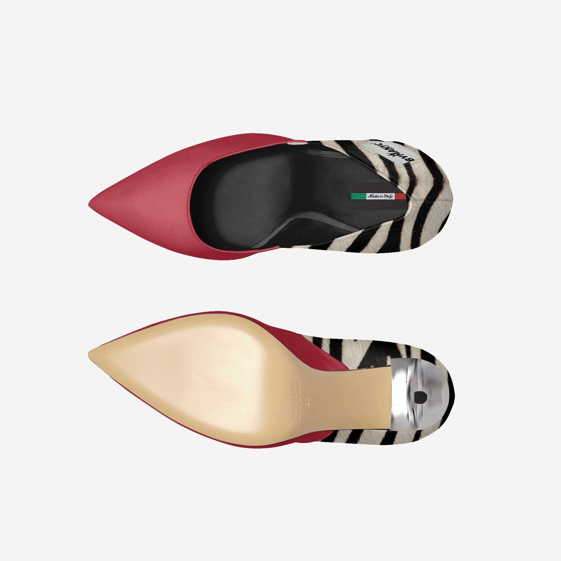 Escarpins bordeaux à bout pointu, intérieur noir, semelle beige, doublure zébrée