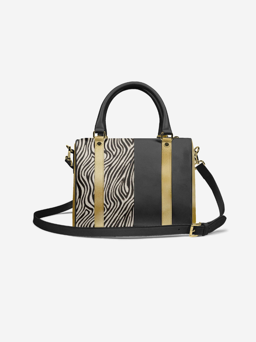 Sac à main rectangulaire avec bandoulière, noir, beige zébré et liserés dorés