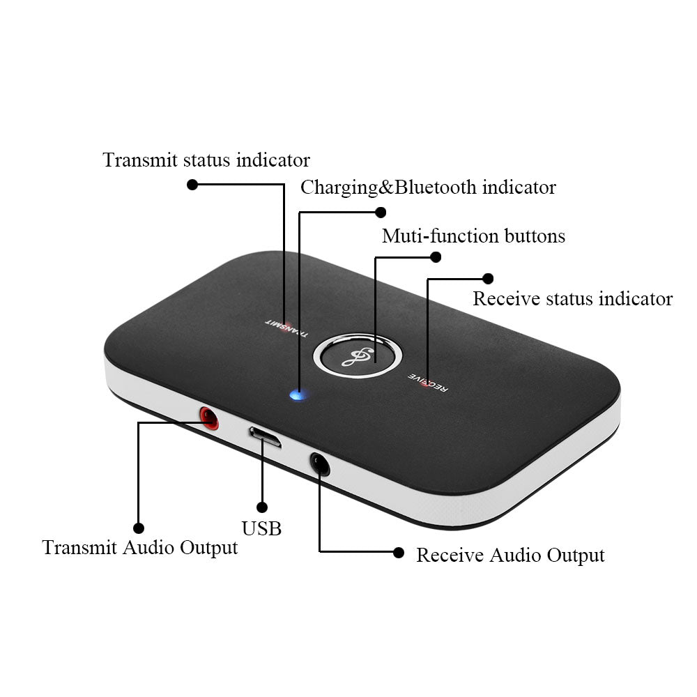 Transmetteur Bluetooth 2-en-1 noir avec boutons et voyants de statut