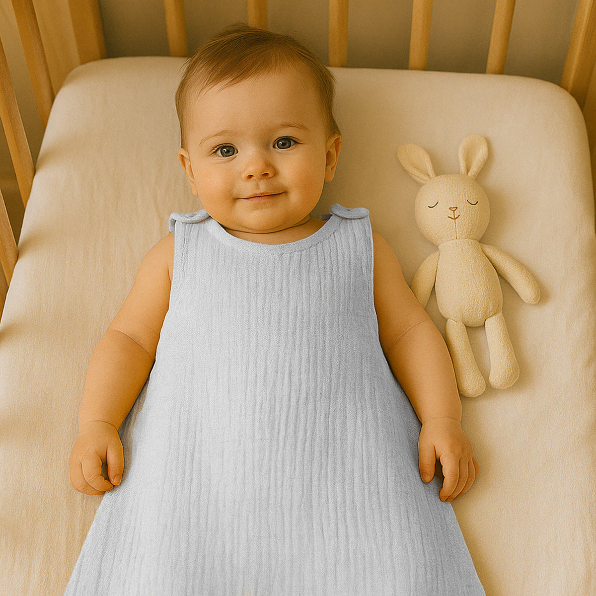Gigoteuse bébé blanche, sans manches, portée par un bébé sur un lit