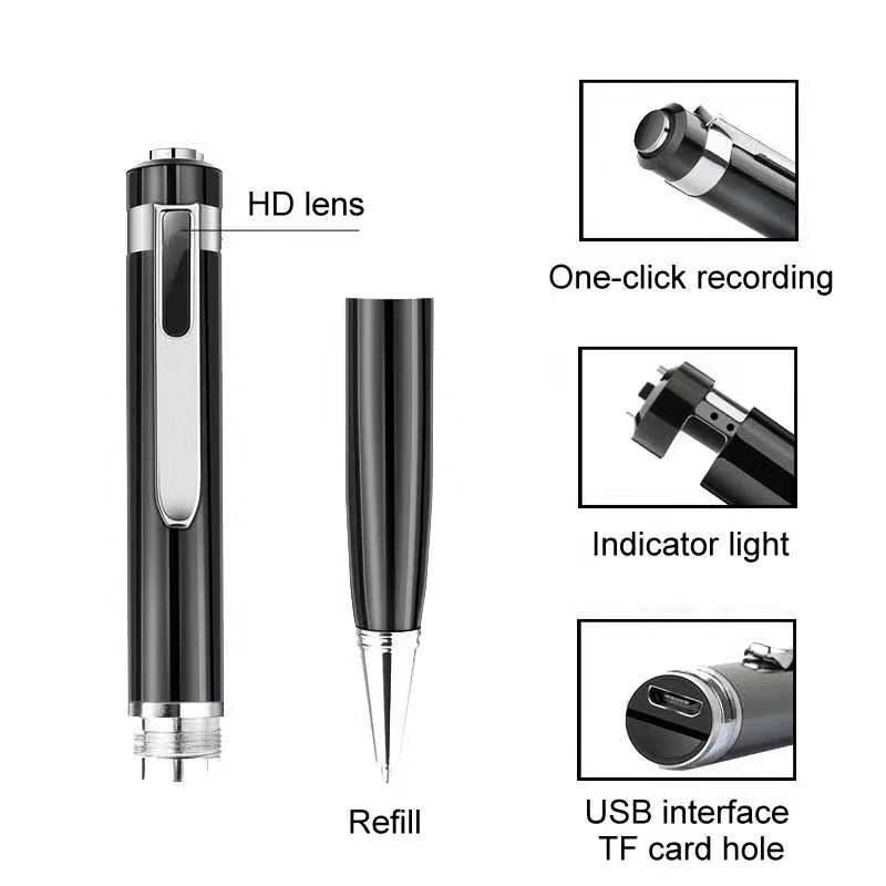 Stylo caméra HD noir : interface USB, emplacement carte TF, recharge et voyant