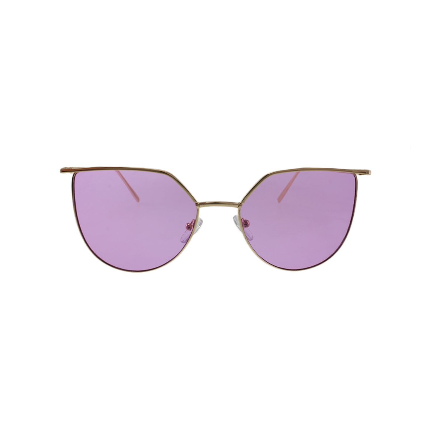 Lunettes de soleil à verres violets, monture dorée, forme œil-de-chat, de face.